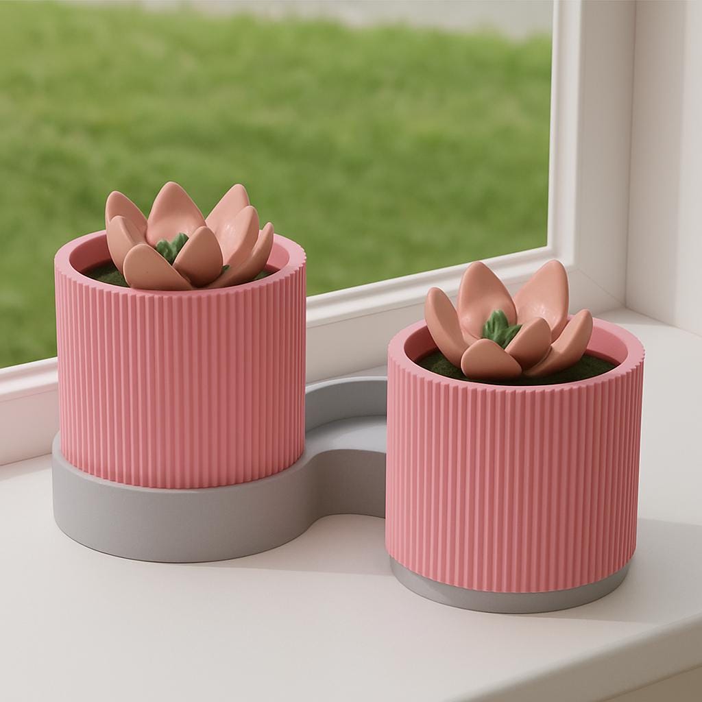 Dual Plant Pot: Ribbed Olive Green Planter, Eco-Friendly Desk Décor for small plants and succulents