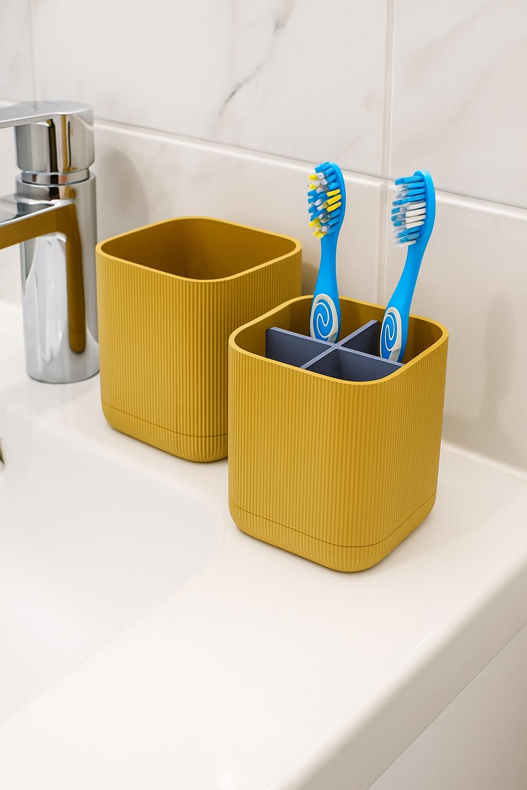 Modern Toothbrush Holder – Modular 4-Compartment Bathroom Organizer | Integrated Drip Tray | Minimalist Ribbed Design