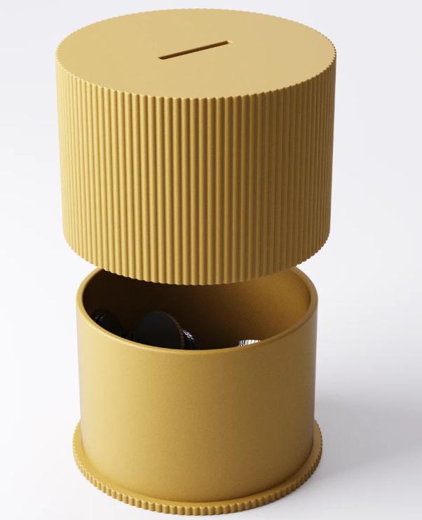 3D Printed Ribbed Coin Bank: Mustard Yellow Minimalist Savings Jar