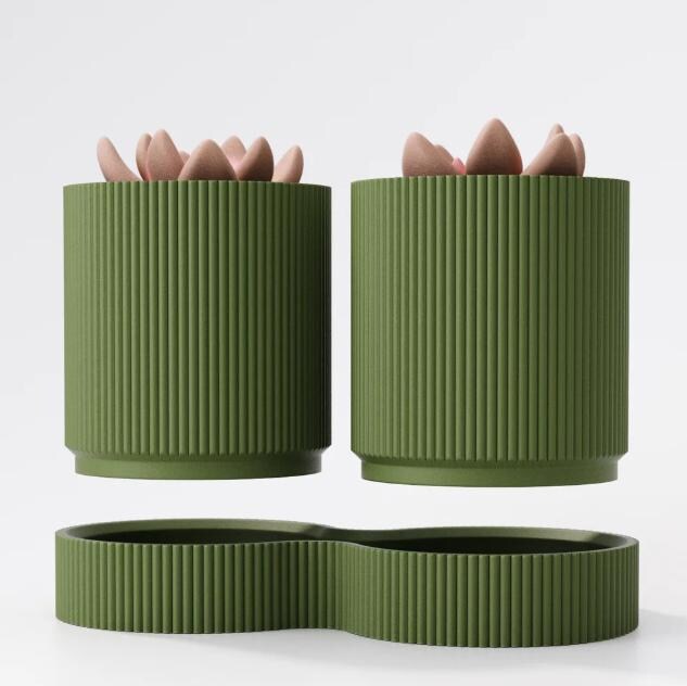 Dual Plant Pot: Ribbed Olive Green Planter, Eco-Friendly Desk Décor for small plants and succulents
