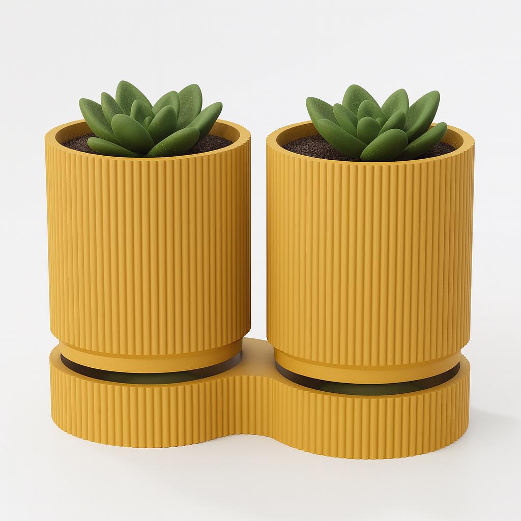 Dual Plant Pot: Ribbed Olive Green Planter, Eco-Friendly Desk Décor for small plants and succulents