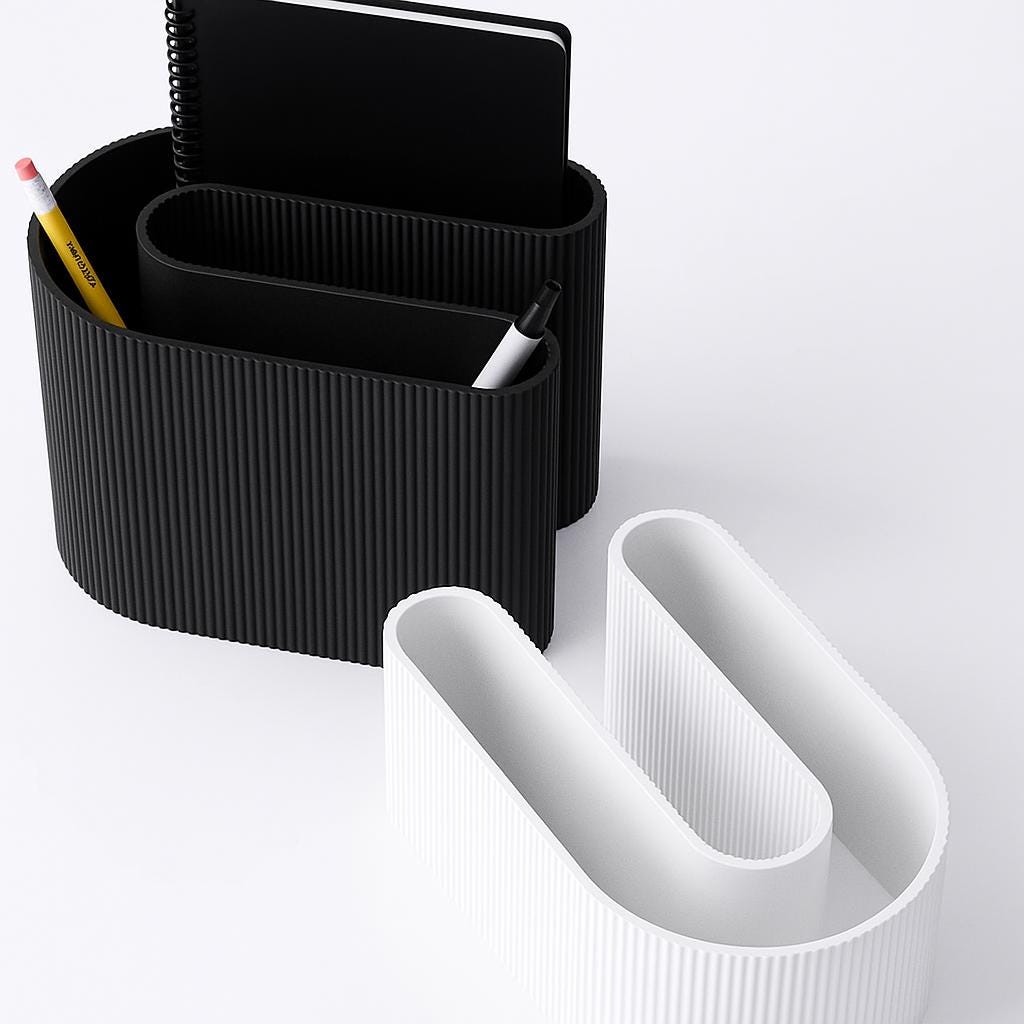 3D Printed S-Shaped Desk Organizer: Ribbed Pen & Notebook Holder