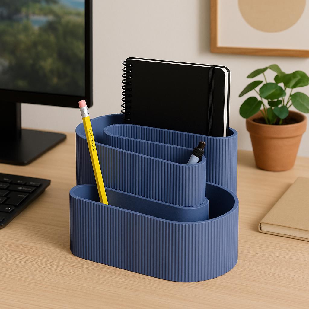 3D Printed S-Shaped Desk Organizer: Ribbed Pen & Notebook Holder