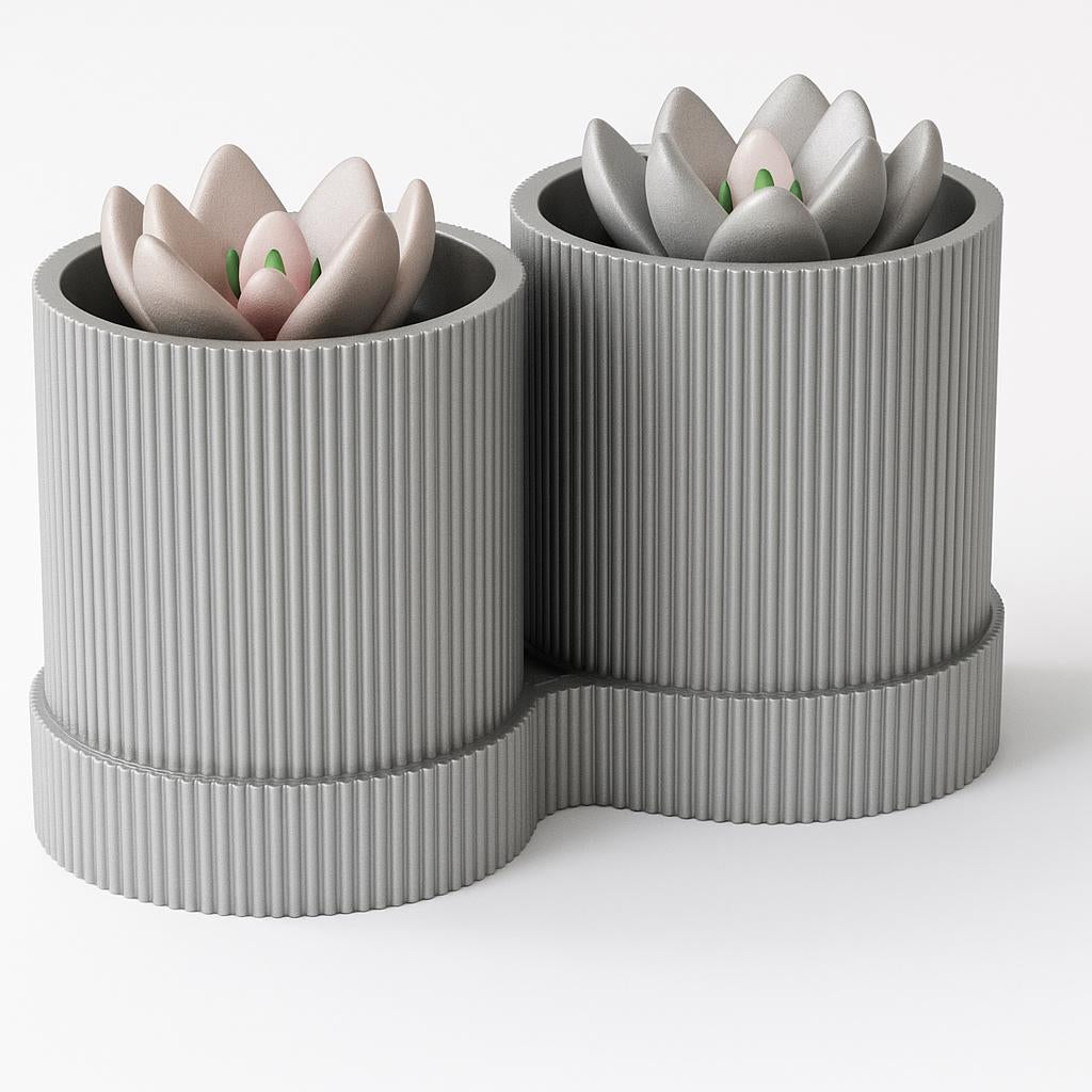 Dual Plant Pot: Ribbed Olive Green Planter, Eco-Friendly Desk Décor for small plants and succulents