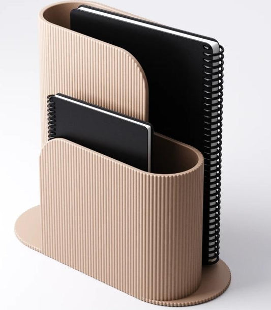 Minimalist Ribbed Desk Organizer 3D Printed Modern File & Notebook duel compartments  organizing notebooks home office and custom name.