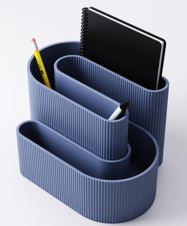 3D Printed S-Shaped Desk Organizer: Ribbed Pen & Notebook Holder
