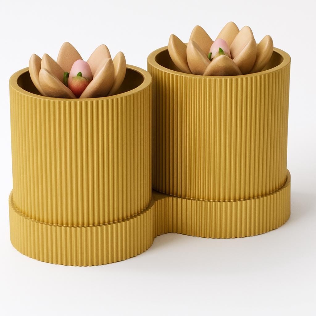 Dual Plant Pot: Ribbed Olive Green Planter, Eco-Friendly Desk Décor for small plants and succulents