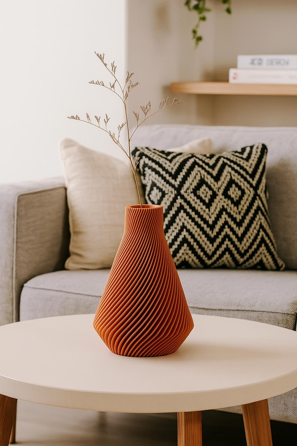 3D Printed Twisted Vase: Modern Ribbed Design, Geometric Decor
