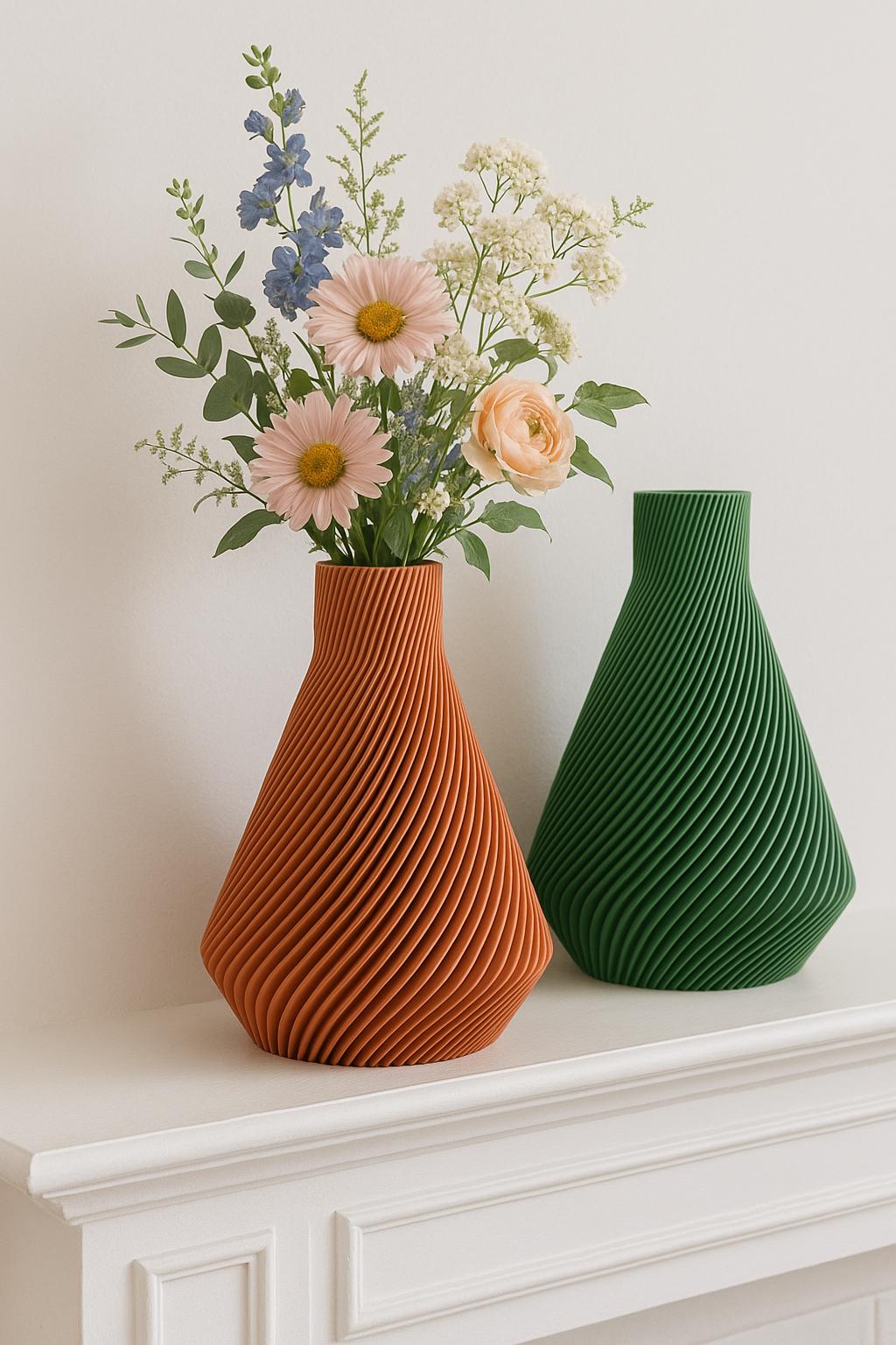 3D Printed Twisted Vase: Modern Ribbed Design, Geometric Decor