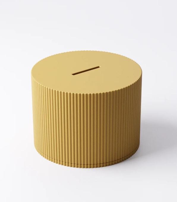 3D Printed Ribbed Coin Bank: Mustard Yellow Minimalist Savings Jar