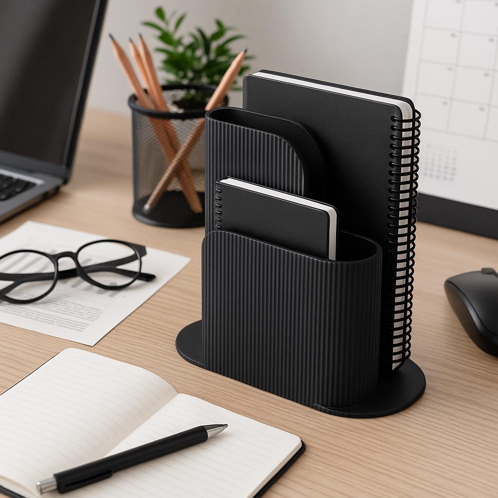 Minimalist Ribbed Desk Organizer 3D Printed Modern File & Notebook duel compartments  organizing notebooks home office and custom name.