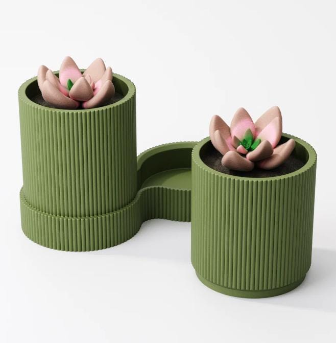 Dual Plant Pot: Ribbed Olive Green Planter, Eco-Friendly Desk Décor for small plants and succulents