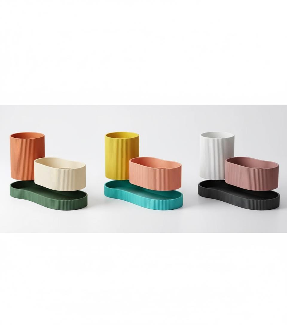 Modern Ribbed Desk Organizer Set: Minimalist Desktop Storage pen holder desk storage clutter remover tidy and modular.