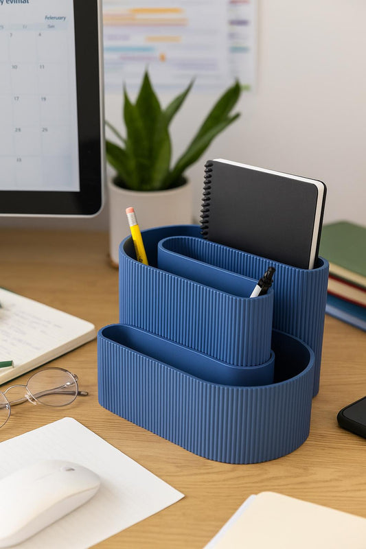 3D Printed S-Shaped Desk Organizer: Ribbed Pen & Notebook Holder
