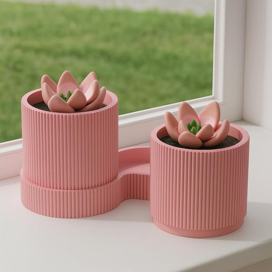 Dual Plant Pot: Ribbed Olive Green Planter, Eco-Friendly Desk Décor for small plants and succulents