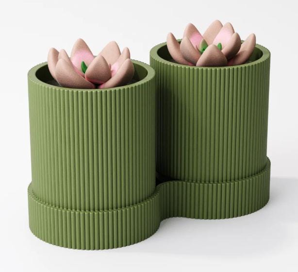 Dual Plant Pot: Ribbed Olive Green Planter, Eco-Friendly Desk Décor for small plants and succulents