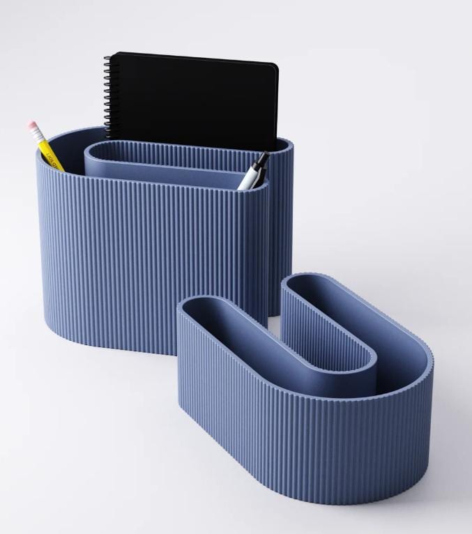 3D Printed S-Shaped Desk Organizer: Ribbed Pen & Notebook Holder