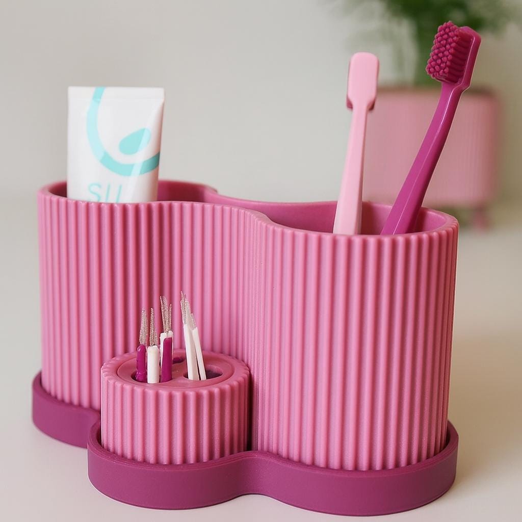 Modern Bathroom Organizer | Ribbed Toothbrush Toothpaste Holder | Desk & Makeup Storage | 3D Printed Minimalist Organizer