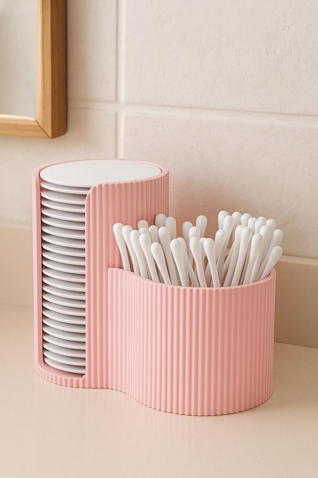 Minimalist Bathroom Organizer – Cotton Pad & Cotton Swab Holder, Modern Ribbed Storage Box