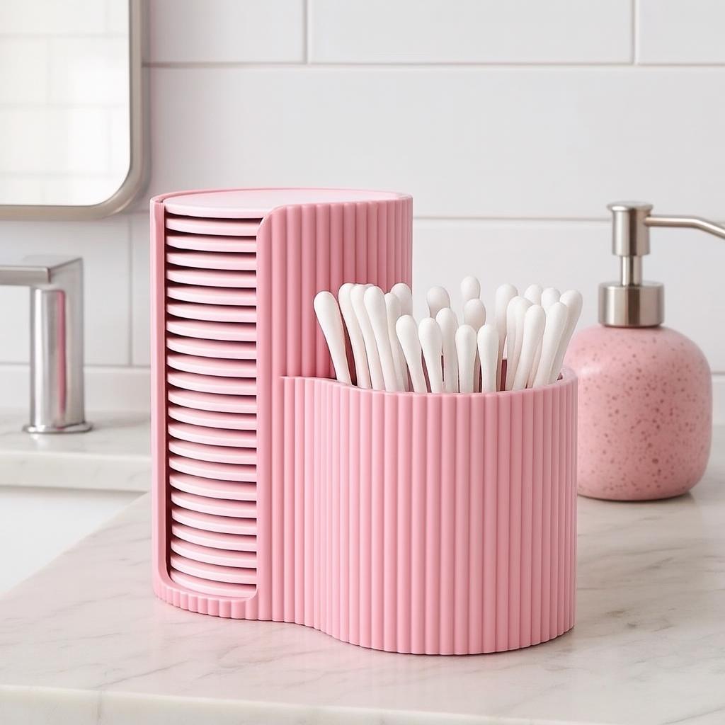 Minimalist Bathroom Organizer – Cotton Pad & Cotton Swab Holder, Modern Ribbed Storage Box