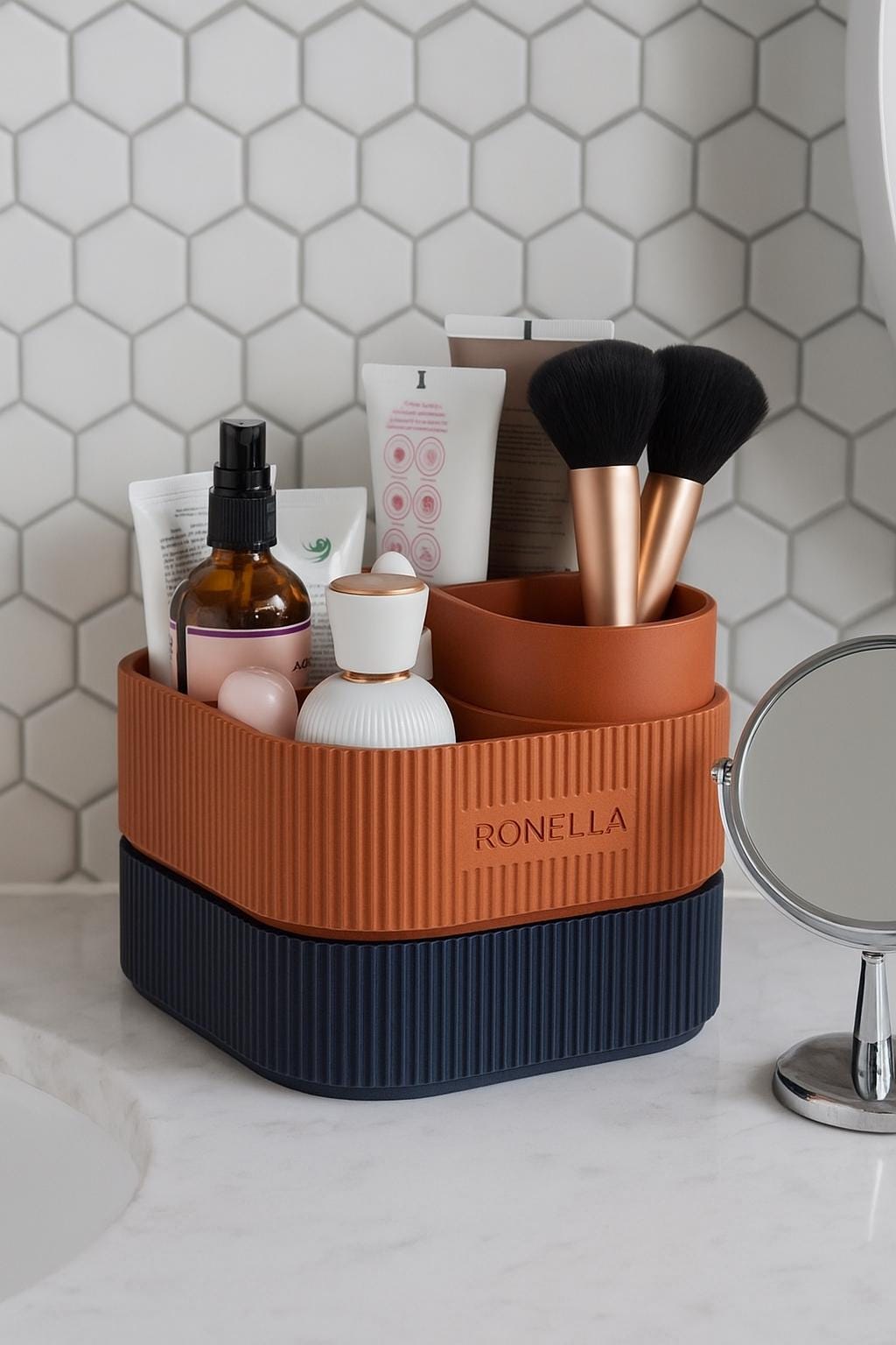 Modern Ribbed Vanity Organizer Two-Tier Makeup & Skincare Storage Tray Minimalist Desk or Bathroom Holder fall gift for her/him
