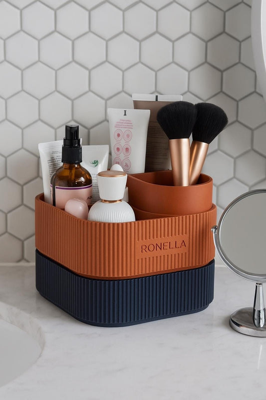 Modern Ribbed Vanity Organizer Two-Tier Makeup & Skincare Storage Tray Minimalist Desk or Bathroom Holder fall gift for her/him