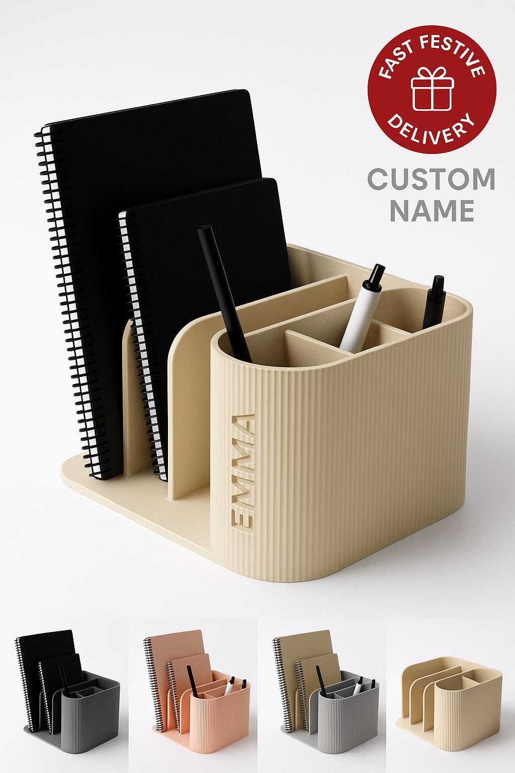 Modern Desk Organiser Ribbed Pen Holder & Notebook Stand Minimalist Office Storage Custom Colour fall gift